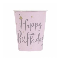 Bicchieri rosa Happy Birthday con corona da 270 ml - 8 unità