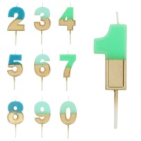 Candela numerica bicolore verde-blu e oro 5 cm
