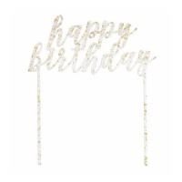 Topper Happy Birthday trasparente con puntini dorati 15 x 18 cm