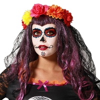 Fascia per capelli multicolore con fiori e velo da Catrina