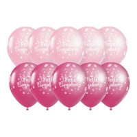 Palloncini rosa Happy Birthday con corona 30 cm - 10 pz.
