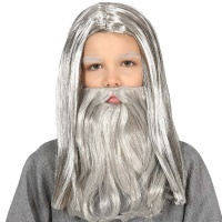 Parrucca lunga con baffi e barba grigia infantile