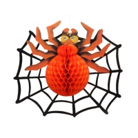 Decorazione ragno arancione con ragnatela da 42 x 42 cm