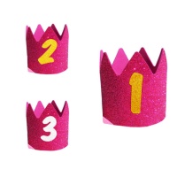 Corona in gomma piuma fucsia con glitter con numero per bambini