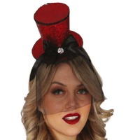 Cappello a cilindro rosso steampunk su mini fascia per capelli