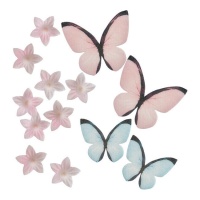 Mini wafer con fiori e farfalle rosa e blu - 13 pz.