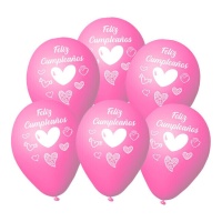 Palloncini in lattice rosa con cuori Happy Birthday 23 cm - 6 unità