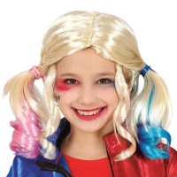 Parrucca bionda di Harley la supercattiva con codini rosa e blu per bambini