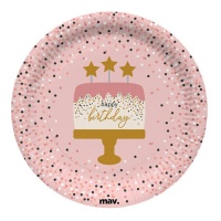 Piatti rosa Happy Birthday con torta e pois 22,7 cm - 8 pz.
