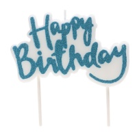 Candelina blu Happy Birthday con glitter 10 x 6,5 cm