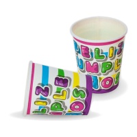 Tazze Happy Birthday con strisce colorate 9 x 8 cm - 8 pz.