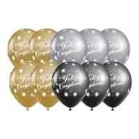 Palloncini Happy Birthday argento, oro e nero 30 cm - 10 pz.