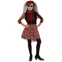 Costume da Catrina rosso e nero con teschi da bambina