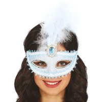 Maschera blu decorata con piume