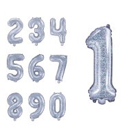 Palloncino numero argento olografico da 35 cm - PartyDeco