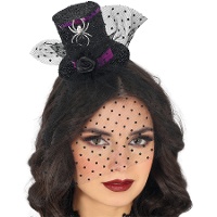 Fascia mini cappello con velo e ragno nero