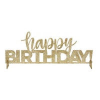 Centrotavola Happy Birthday trasparente con fiocchi d'oro 37,5 x 14 cm