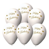 Palloncini in lattice biodegradabili bianchi con frase Happy Birthday oro 23 cm - 6 unità