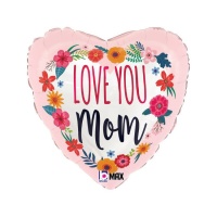 Palloncino cuore Love You Mom decorato con fiori 46 cm - Grabo