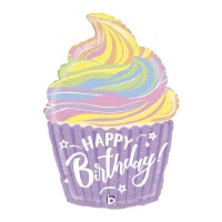 Palloncino Happy Birthday cupcake colorato in pastello da 69 cm - Grabo