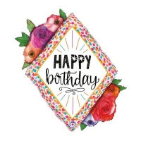 Palloncino con diamante e fiori Happy Birthday 52 x 64 cm - Grabo