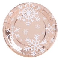 Piatti in oro rosa metallizzato con fiocchi di neve 23 cm - 6 pz.