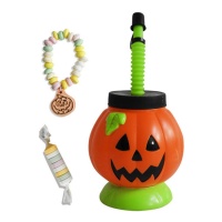Bicchiere zucca Halloween con cannuccia e caramelle - Dekora