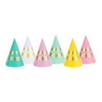 Cappelli di buon compleanno in colori assortiti - 6 pezzi.