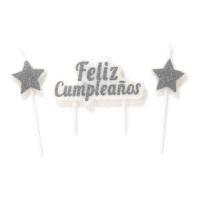 Candele di buon compleanno con stelle e glitter argento - 3 pz.