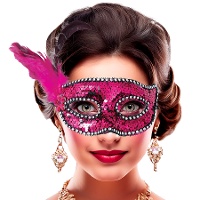 Maschera decorata con piuma e paillettes fucsia