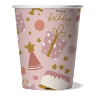 Tazze rosa Happy Birthday 250 ml con regali - 8 unità