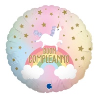 Palloncino rotondo Buon Compleanno Unicorno Pastello da 46 cm - Grabo