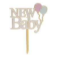 Topper per torta New Baby dorato e bianco 10 x 14 cm