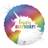 Palloncino rotondo Happy Birthday unicorno glitterato da 46 cm - Grabo