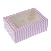 Scatola 6 cupcake a strisce bianche e rosa 22,9 x 16,5 x 9 cm - House of Marie - 2 unità