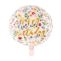 Palloncino tondo Happy Birthday con fiori 35 cm - PartyDeco