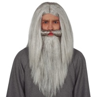 Parrucca lunga con baffi e barba grigia