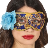 Maschera blu navy e oro con rosa azzurra