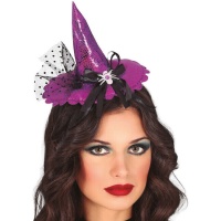 Fascia da capo con piccolo cappello da strega viola in pelle di rettile