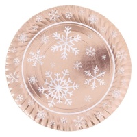 Vassoio rotondo rosa-oro metallizzato con fiocchi di neve 30 cm - 1 pz.