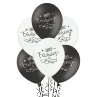 Palloncini in lattice bianco e nero pastello Happy Birthday 30 cm - PartyDeco - 6 unità
