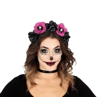 Cerchietto Catrina a fiori lilla e neri con teschi