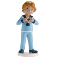 Statuina torta prima comunione bambino biondo con abito blu da 16 cm