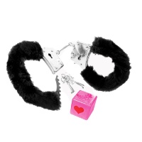 Gioco erotico con dado rosa e manette di metallo peluche nero