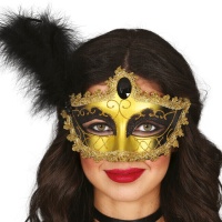Maschera veneziana nera e oro sfumato con piuma nera