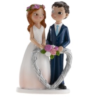 Cake topper matrimonio con sposi su cuore argentato 16 cm