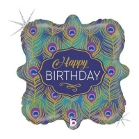 Palloncino Happy Birthday coda di pavone da 46 cm - Grabo