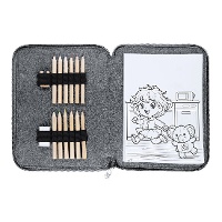 Set da colorare con fogli, matite colorate, gomma e temperamatite in custodia di feltro