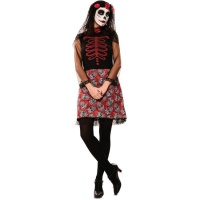 Costume da Catrina rosso e nero con teschi da donna