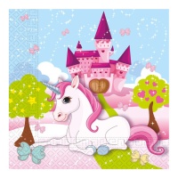 Tovaglioli Unicorno e castello 16,5 x 16,5 cm - 20 pezzi.